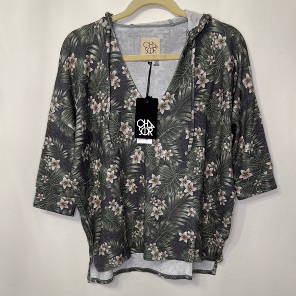Chaser Tops - Chaser Floral Palm Print Top Green 3/4 Sleeve with a Hoodie New with Tag